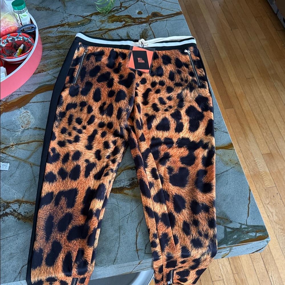 Leopard Print Joggers with Black Accents 40 inches from top of waist to bottom